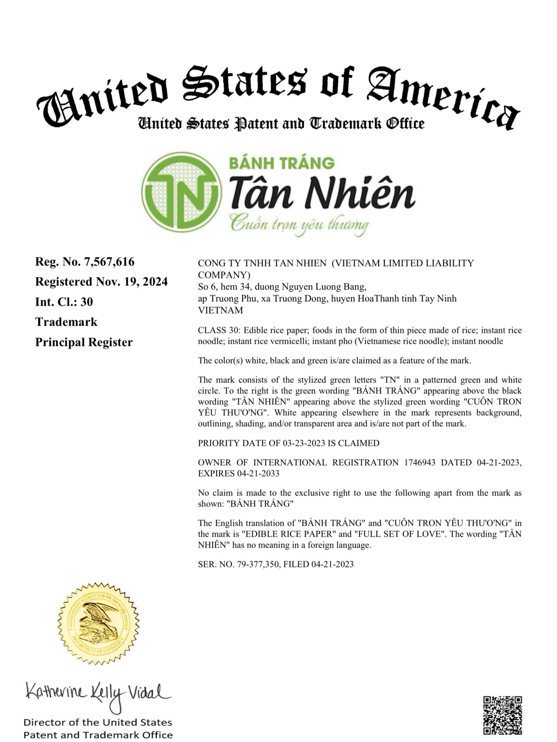 THƯƠNG HIỆU TÂN NHIÊN ĐƯỢC CHỨNG NHẬN BẢO HỘ TẠI MỸ 1 THƯƠNG HIỆU TÂN NHIÊN ĐƯỢC CHỨNG NHẬN BẢO HỘ TẠI MỸ