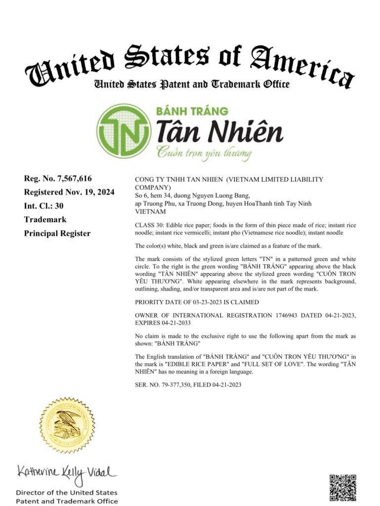 THƯƠNG HIỆU TÂN NHIÊN ĐƯỢC CHỨNG NHẬN BẢO HỘ TẠI MỸ