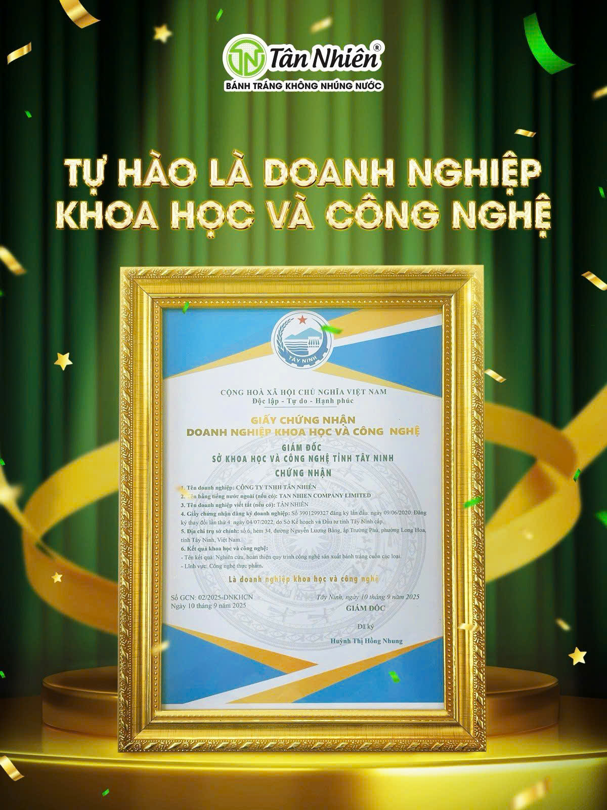 TÂN NHIÊN CHỨNG NHẬN DOANH NGHIỆP KHOA HỌC VÀ CÔNG NGHỆ